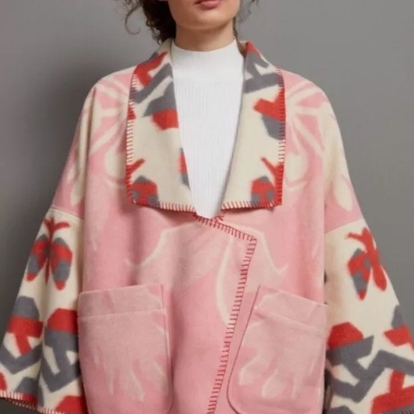 Anthropologie Heidi Kimono Jacket Soft Wool Front Patch Pockets Pink Ivory Motif - Picture 8 of 10